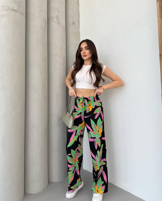 Tropical Wide-Leg Palazzo Pants – High Waist, Lightweight
