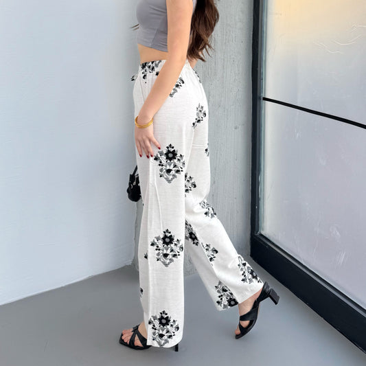 Floral-Print Linen Pants